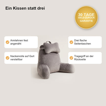 DorsaLux Lesekissen: Armlehnen, Nackenrolle, Taschen, Tragegriff