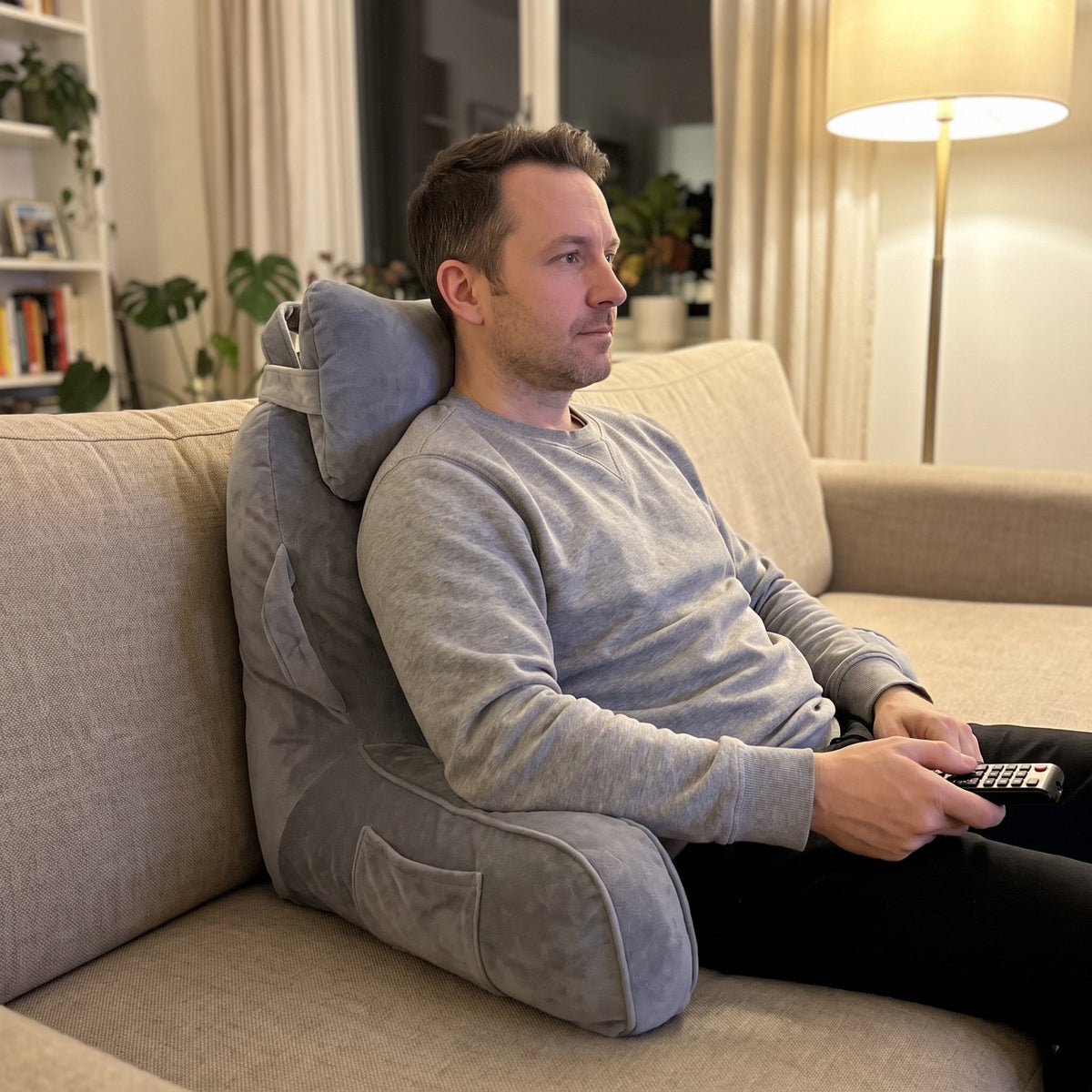 Mann sitzt auf dem Sofa mit dem DorsaLux Lesekissen