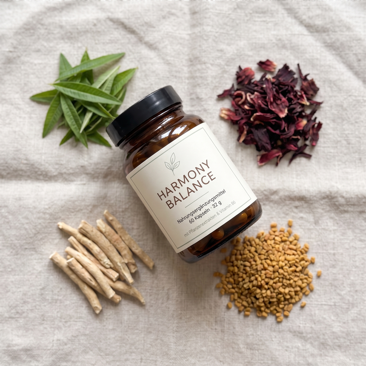 Zitronenverbene, Hibiskus, Ashwagandha und Bockshornklee