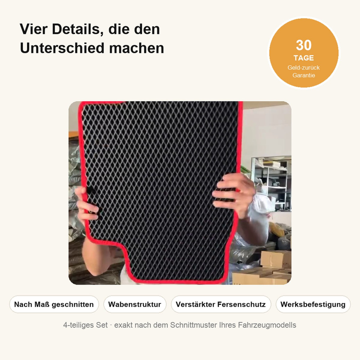Vier Details: nach Maß geschnitten, Wabenstruktur, Fersenschutz, Werksbefestigung