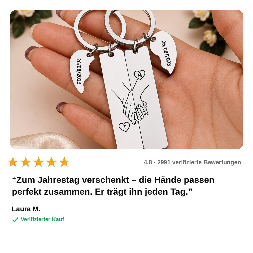 avis — Pärchen-Schlüsselanhänger „Hand in Hand“ – 2 Anhänger mit euren Initialen & eurem Datum