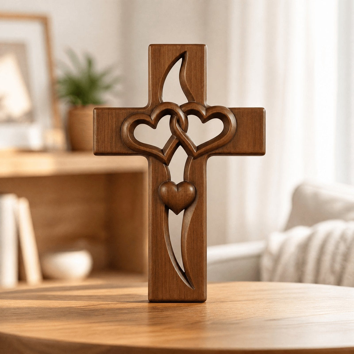 situation — HerzBund™ Ehekreuz aus Holz – Zwei verschlungene Herzen als Wanddeko