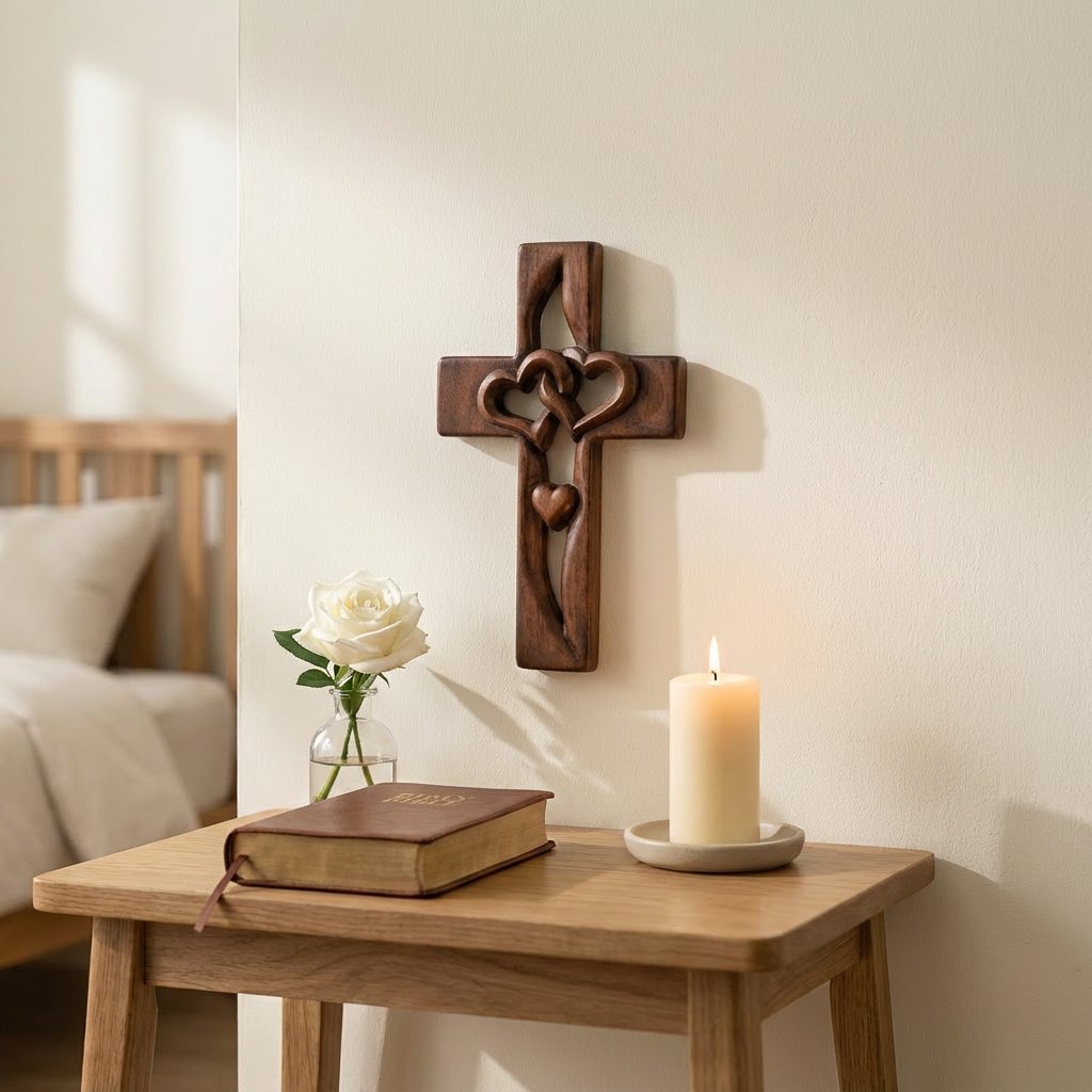 situation — HerzBund™ Ehekreuz aus Holz – Zwei verschlungene Herzen als Wanddeko