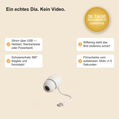 Ein echtes Dia, kein Video — Aufbau und Bedienung