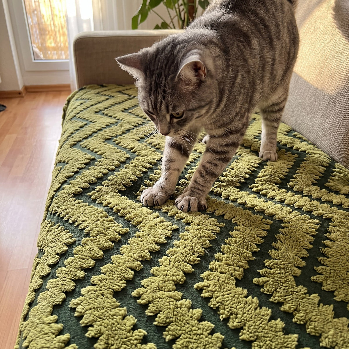 FlauschFit Olivgrün mit Katze auf dem Sofa