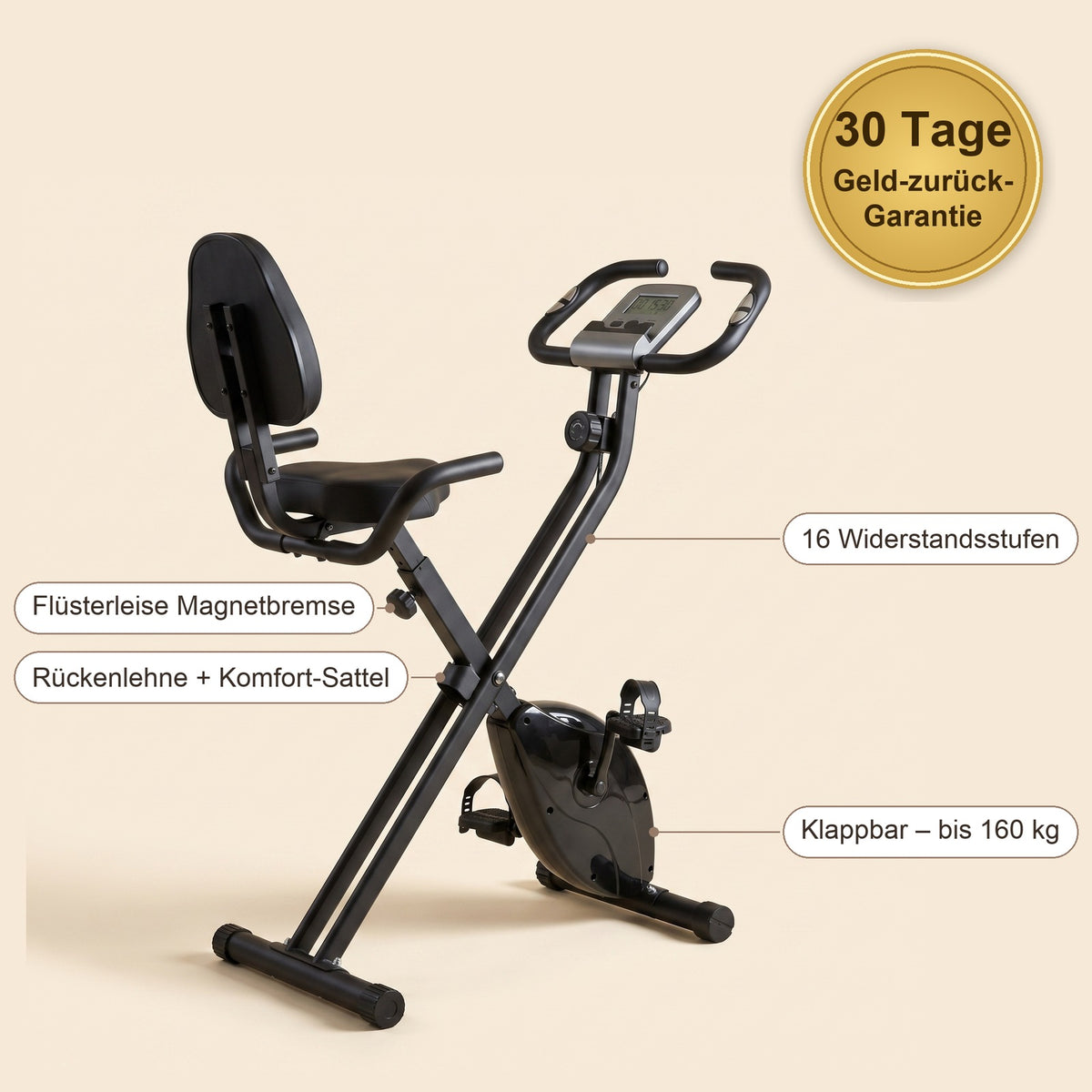 VeloFold Pro Vorteile: flüsterleise Magnetbremse, Rückenlehne + Komfort-Sattel, 16 Widerstandsstufen, klappbar bis 160 kg