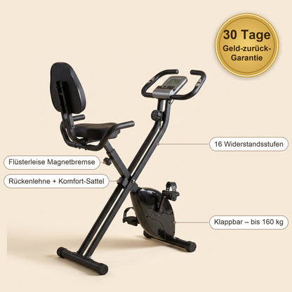 VeloFold Pro Vorteile: flüsterleise Magnetbremse, Rückenlehne + Komfort-Sattel, 16 Widerstandsstufen, klappbar bis 160 kg