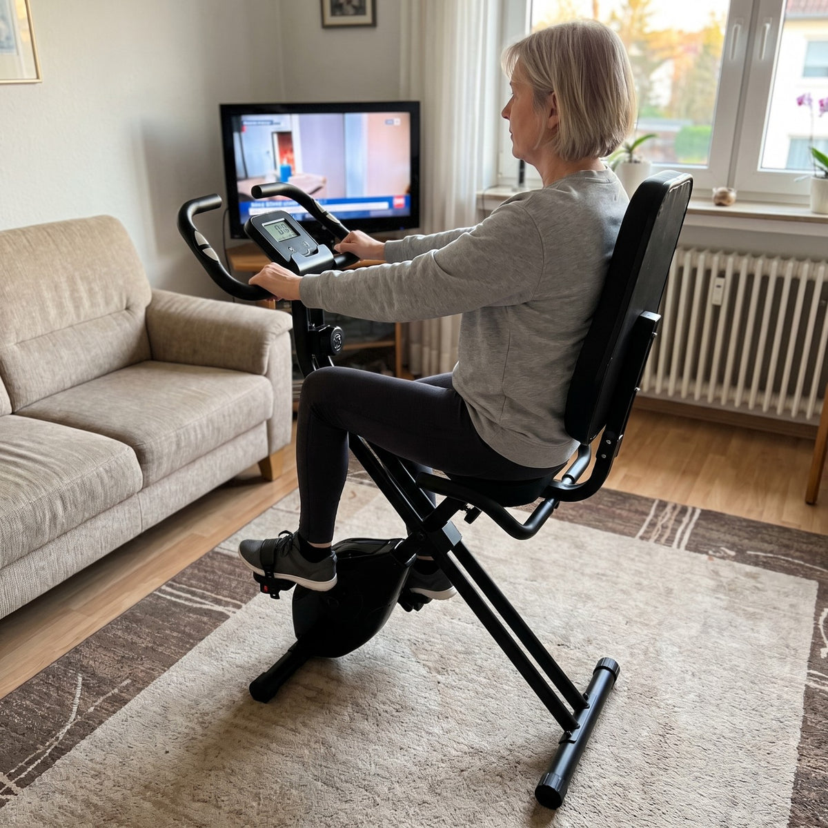 Frau trainiert auf dem VeloFold Pro im Wohnzimmer vor dem Fernseher