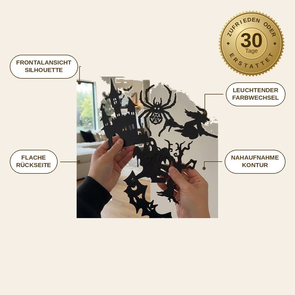 infographie — Halloween LED Wandleuchte – Gruselige Silhouette mit Farbwechsel