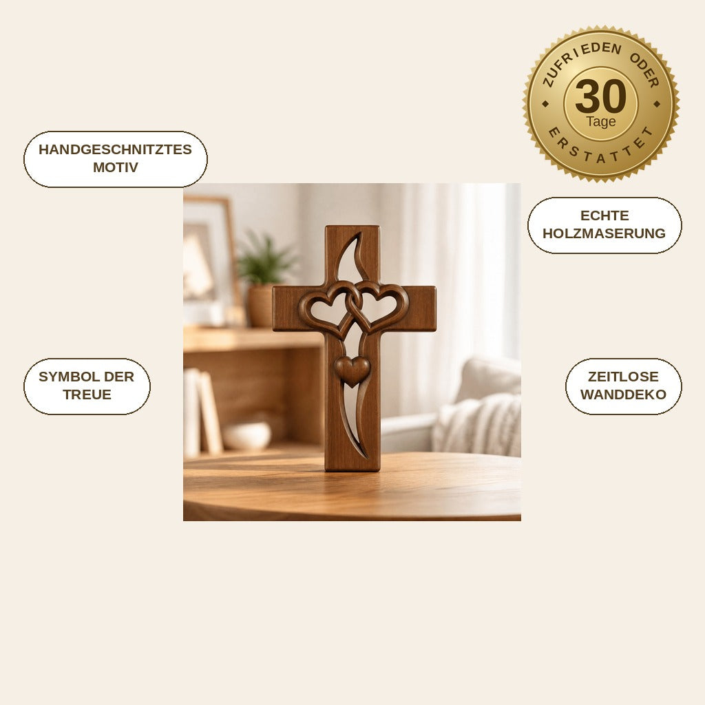infographie — HerzBund™ Ehekreuz aus Holz – Zwei verschlungene Herzen als Wanddeko