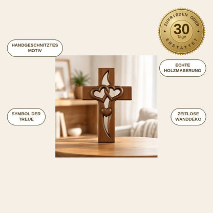 infographie — HerzBund™ Ehekreuz aus Holz – Zwei verschlungene Herzen als Wanddeko