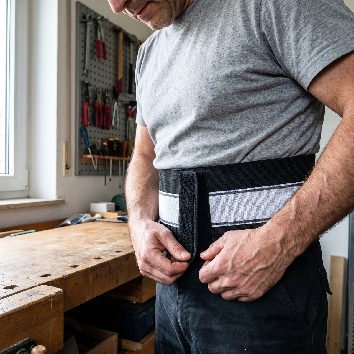 Mann schließt die Bandage in der Werkstatt am Bund