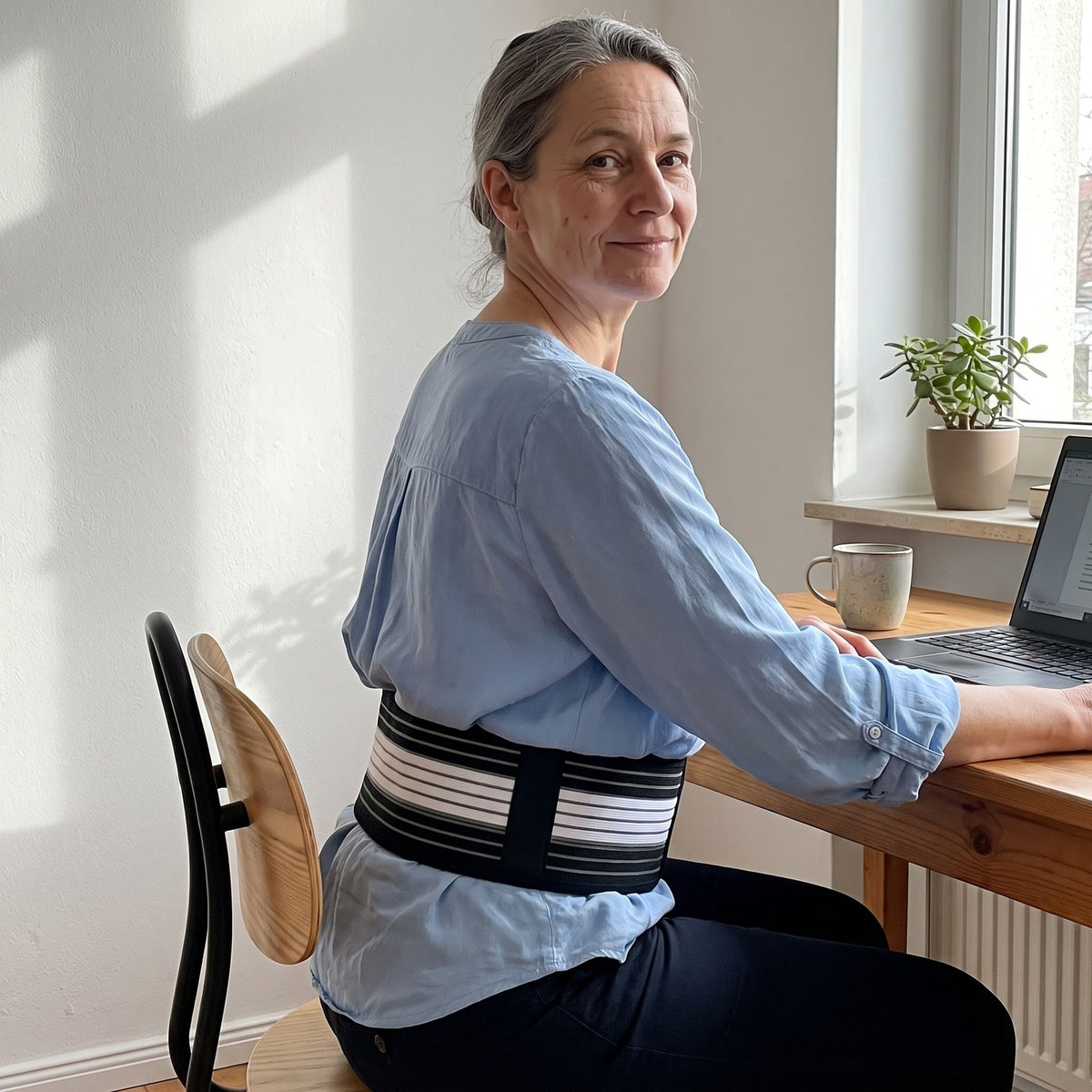 Frau sitzt mit der Bandage am Schreibtisch