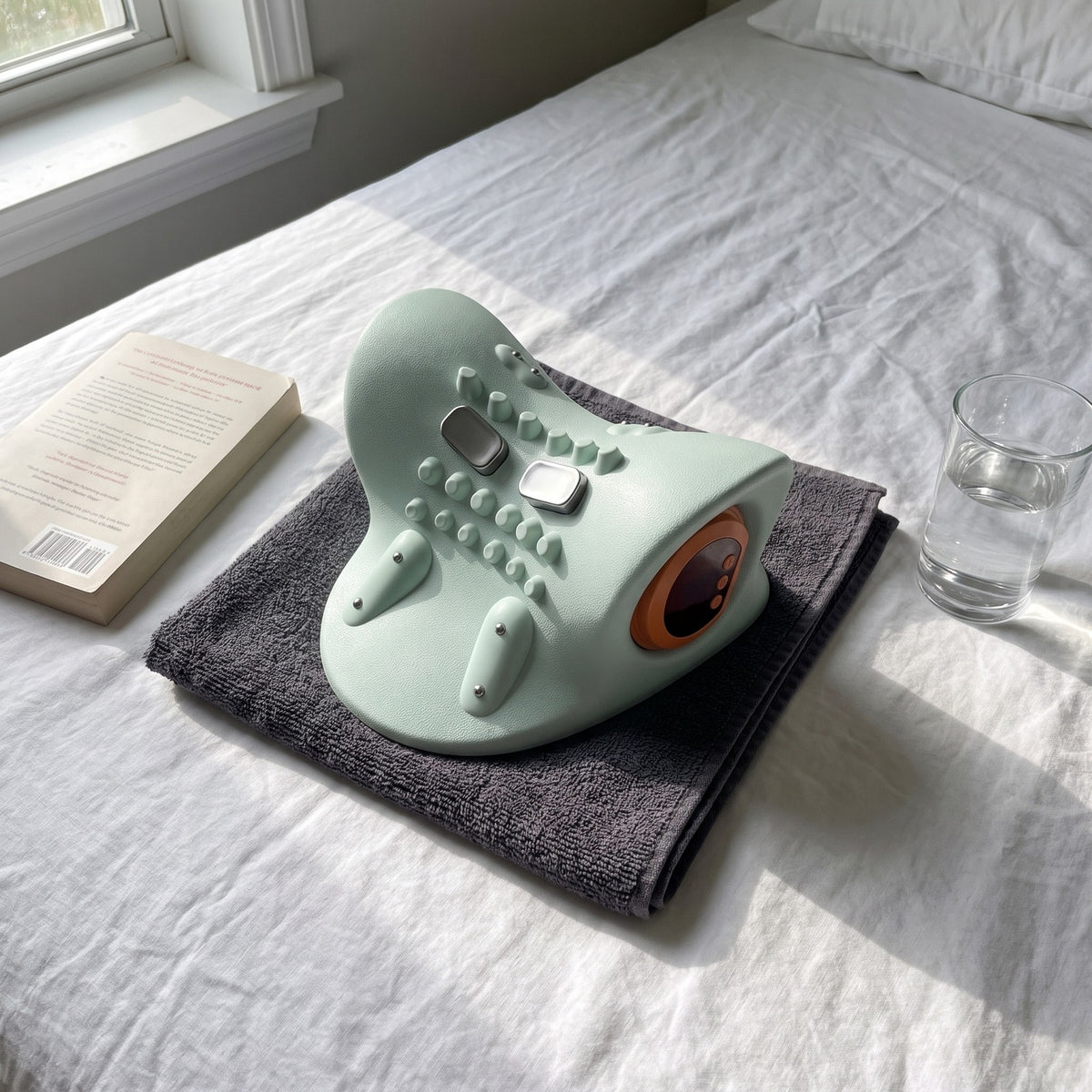 NackenFlow auf einem Handtuch neben Buch und Wasserglas