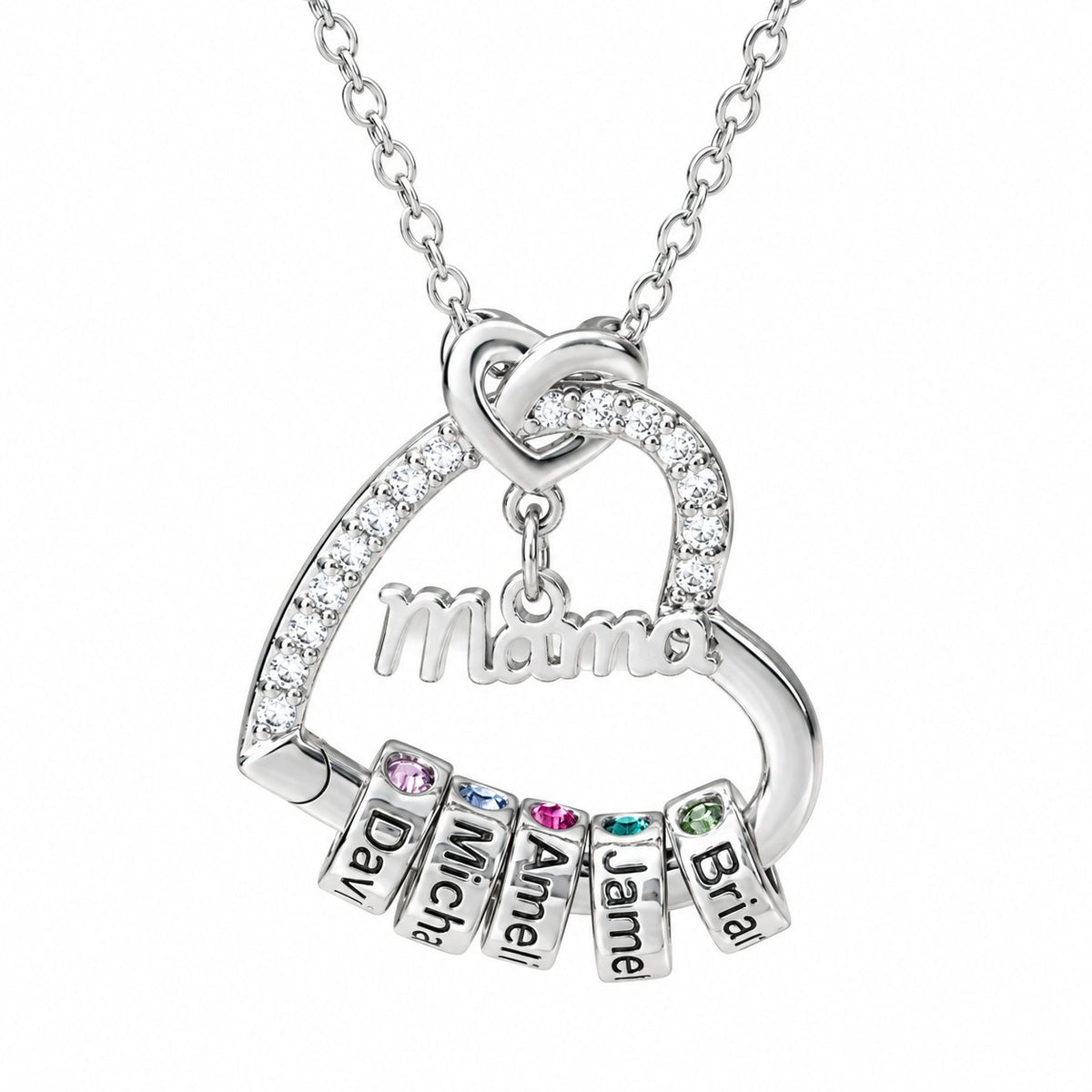 couleur Platin — Personalisierte Herzkette „Mama“ mit 1–5 Namen und Geburtssteinen
