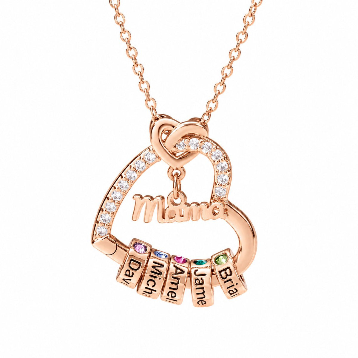 couleur Roségold — Personalisierte Herzkette „Mama“ mit 1–5 Namen und Geburtssteinen