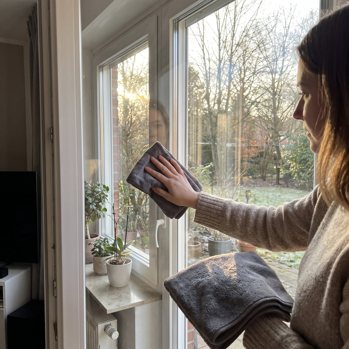 Frau reinigt eine Fensterscheibe mit einem grauen Mikrofasertuch