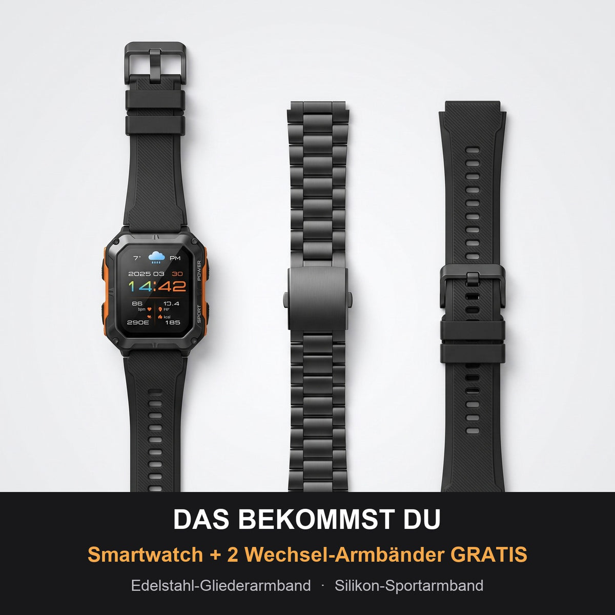 Lieferumfang: StahlGear Smartwatch + 2 Wechsel-Armbänder gratis