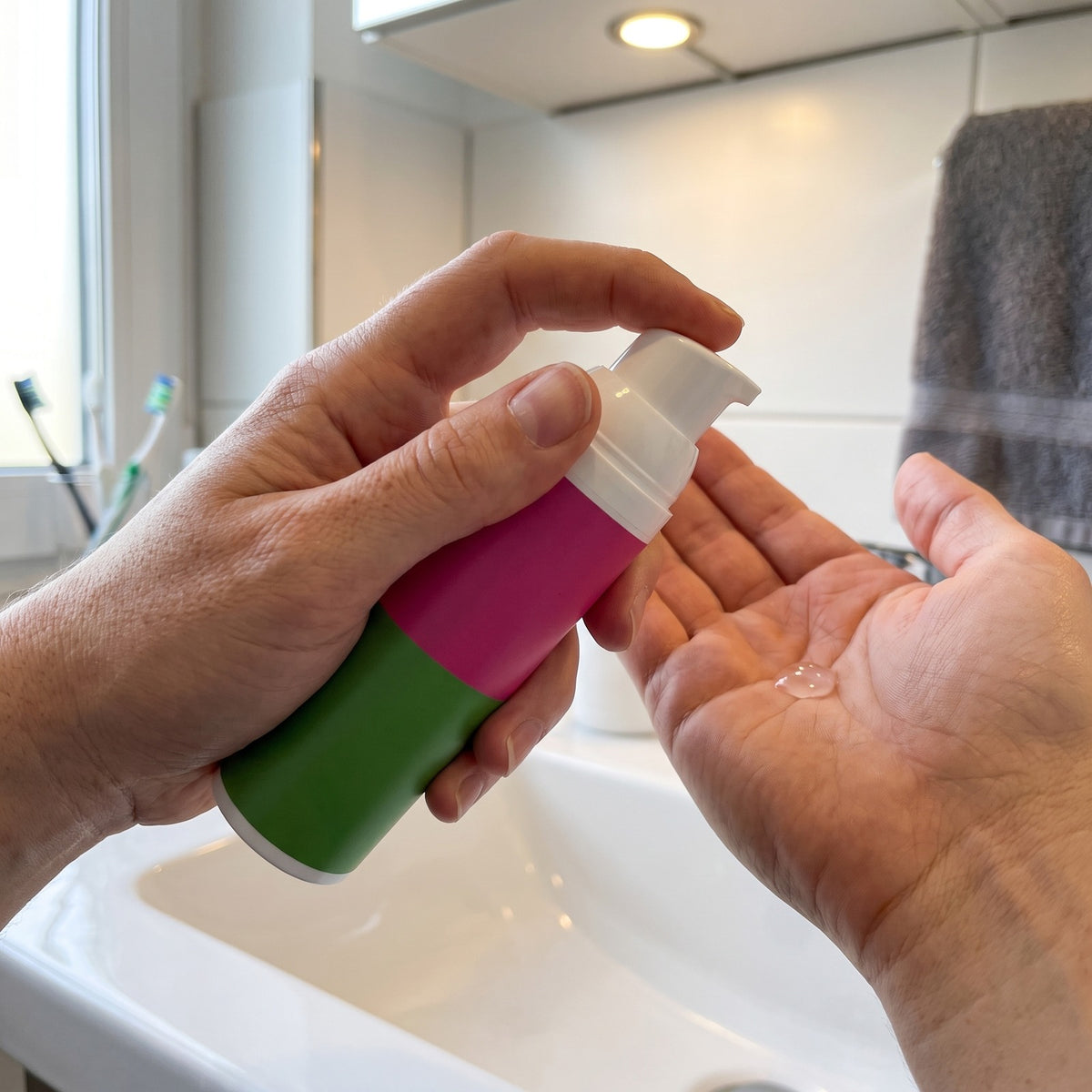 Ein Pumpstoß klares Gel in die Handfläche am Waschbecken