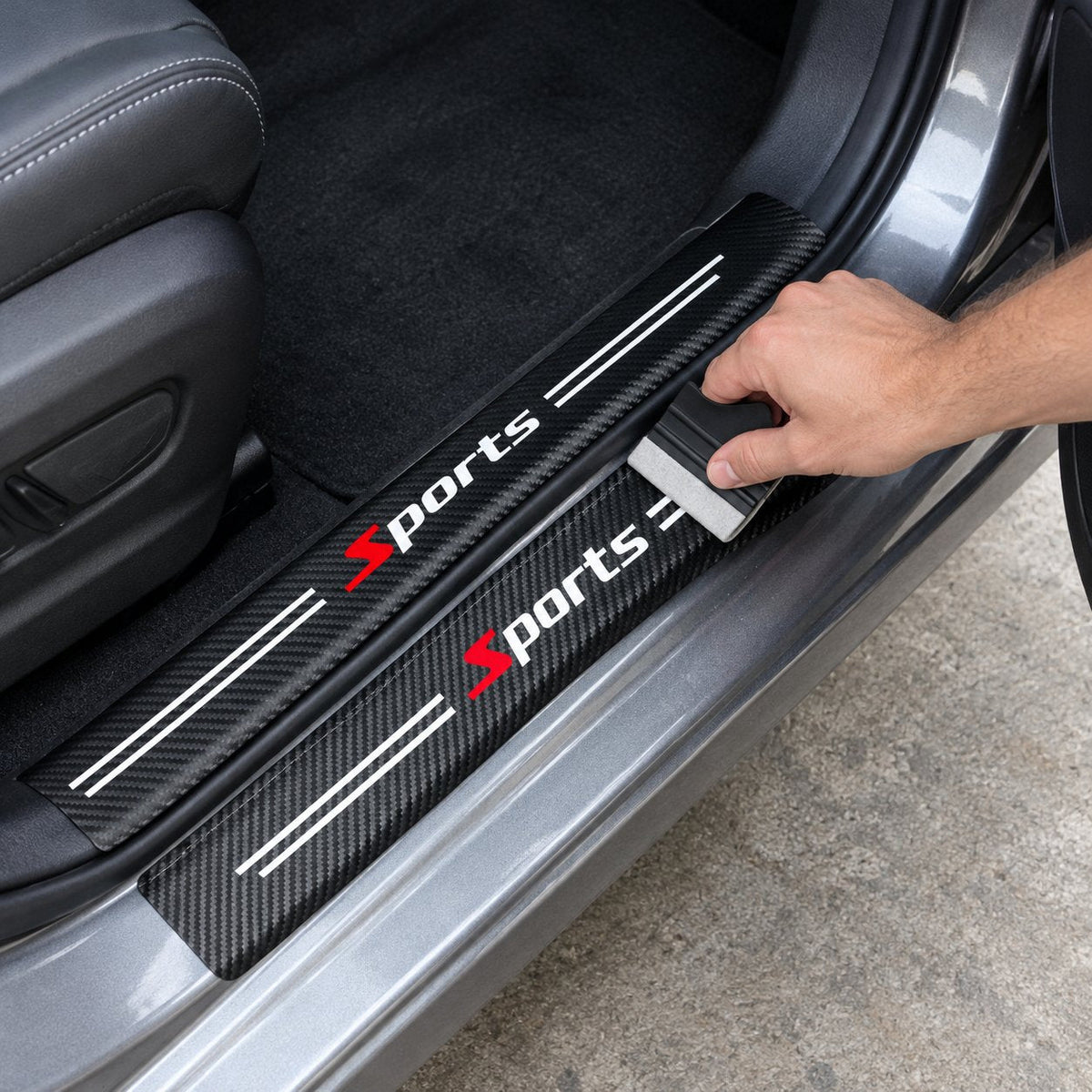 situation — CarbonShield™ Einstiegsleisten-Schutzfolien in Carbon-Optik mit Ihrem Automarken-Logo