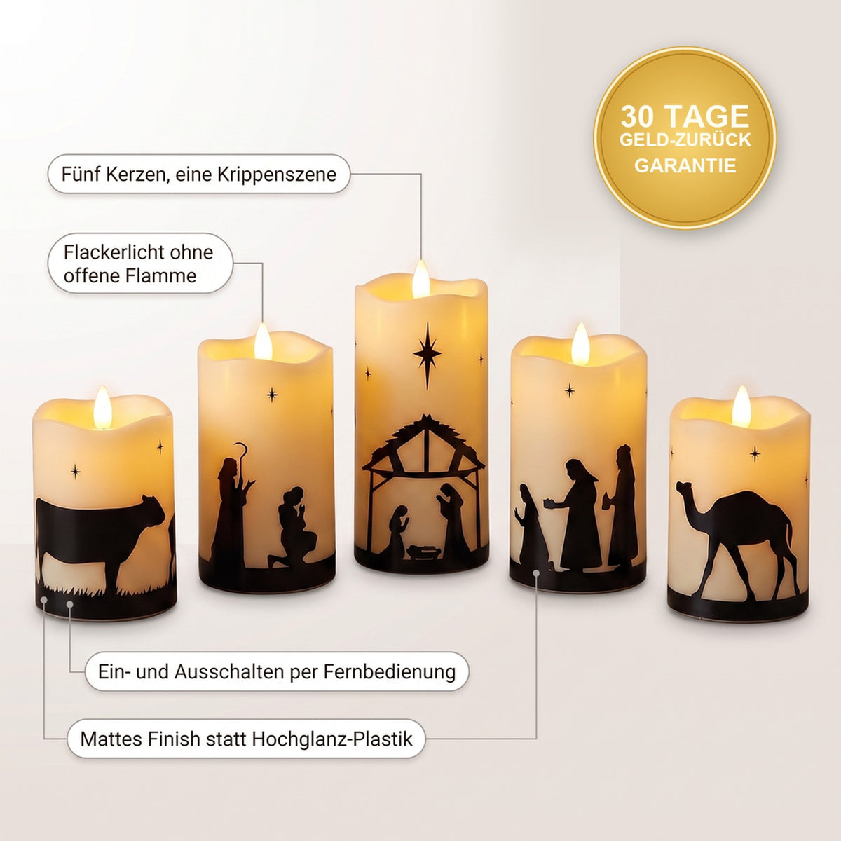 Fünf Kerzen, eine Krippenszene