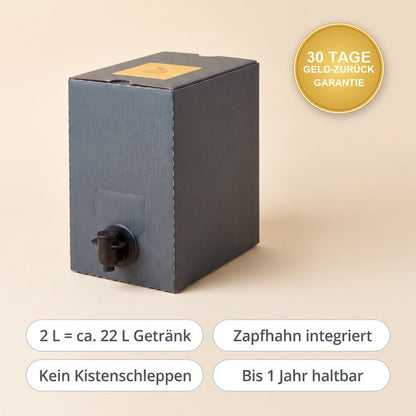 VitaTap Übersicht: 2 L ergeben ca. 22 L Getränk, Zapfhahn integriert, kein Kistenschleppen, bis 1 Jahr haltbar