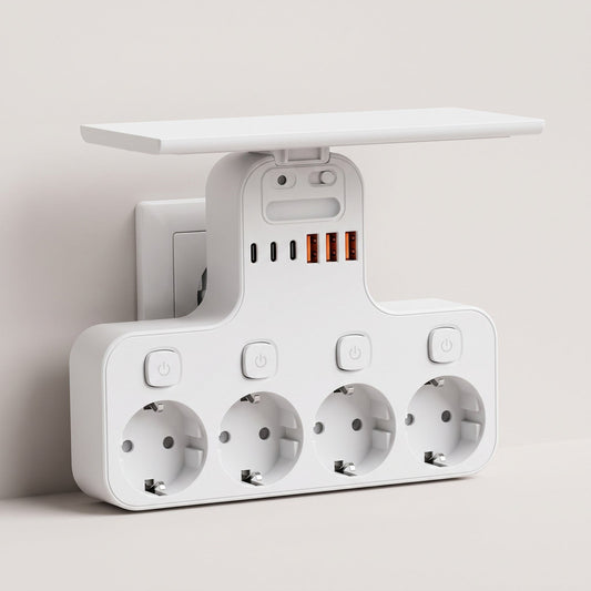 VoltNest Mehrfachstecker mit vier Schuko-Steckdosen, sechs USB-Anschlüssen und ausgeklappter Ablage