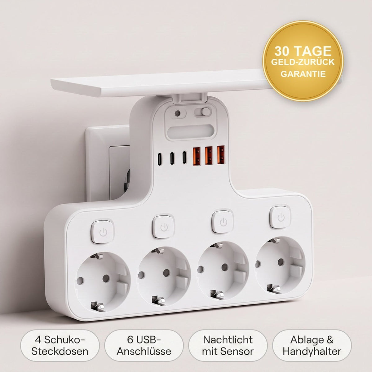 VoltNest Übersicht: 4 Schuko-Steckdosen, 6 USB-Anschlüsse, Nachtlicht mit Sensor, Ablage und Handyhalter