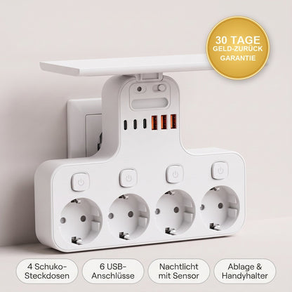 VoltNest Übersicht: 4 Schuko-Steckdosen, 6 USB-Anschlüsse, Nachtlicht mit Sensor, Ablage und Handyhalter